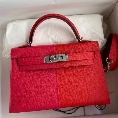 Hermes Kelly Mini II Sellier Tri-color Bag In Red/Rose Extreme/Blue Epsom Calfskin TDBS27060