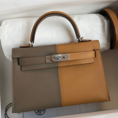 Hermes Kelly Mini II Sellier Tri-color Bag In Taupe/Sesame/Blue Nuit Epsom Calfskin TDBS27061