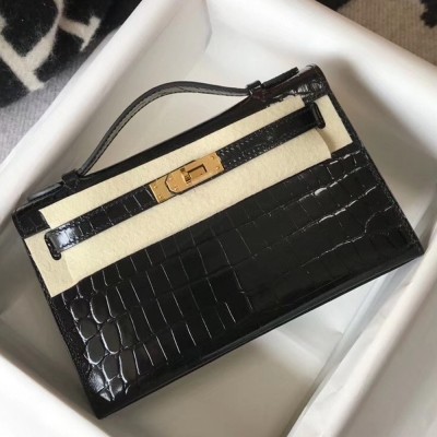 Hermes Kelly Pochette Bag In Black Embossed Crocodile Leather TDBS27064