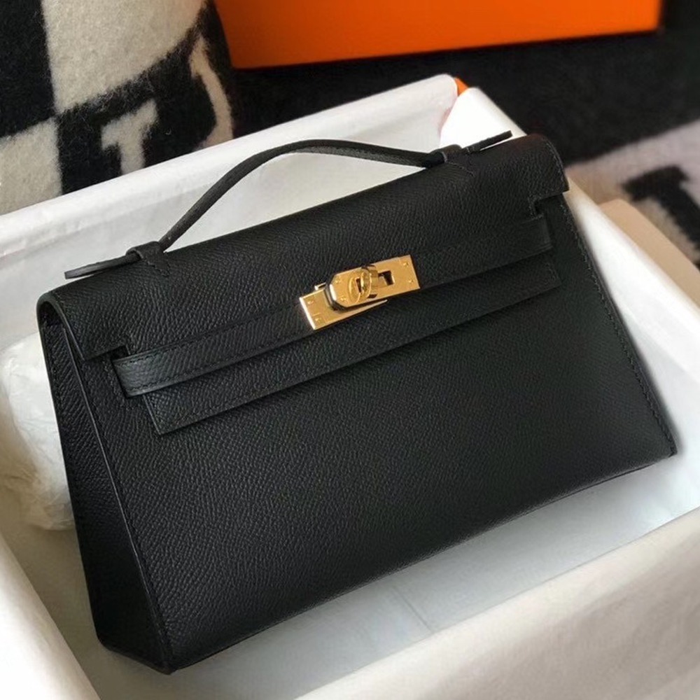 Hermes Kelly Pochette Bag In Black Epsom Leather TDBS27065