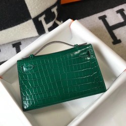 Hermes Kelly Pochette Bag In Green Embossed Crocodile Leather TDBS27068