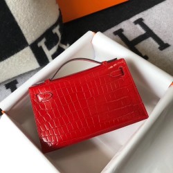 Hermes Kelly Pochette Bag In Red Embossed Crocodile Leather TDBS27071