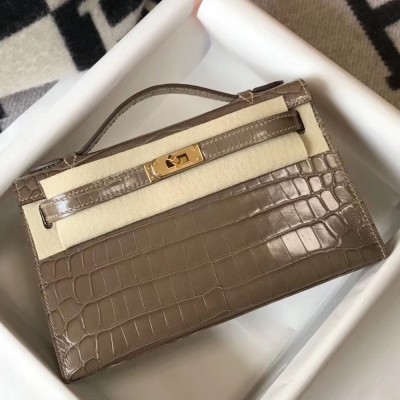 Hermes Kelly Pochette Bag In Taupe Embossed Crocodile Leather TDBS27074