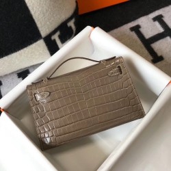 Hermes Kelly Pochette Bag In Taupe Embossed Crocodile Leather TDBS27074