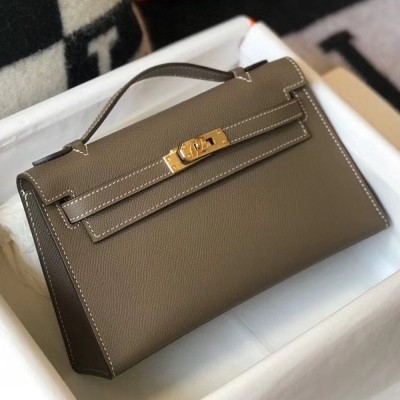 Hermes Kelly Pochette Bag In Taupe Grey Epsom Leather TDBS27075