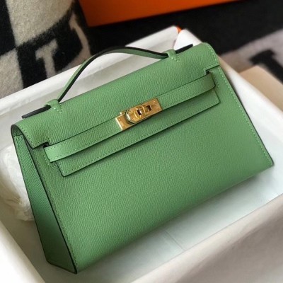 Hermes Kelly Pochette Bag In Vert Criquet Epsom Leather TDBS27077