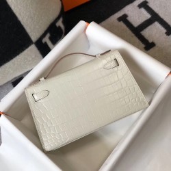 Hermes Kelly Pochette Bag In White Embossed Crocodile Leather TDBS27079