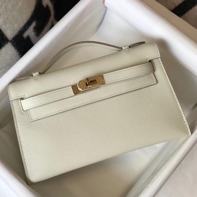 Hermes Kelly Pochette Bag In White Epsom Leather TDBS27080