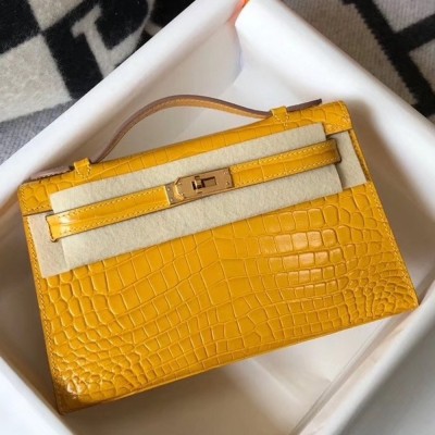 Hermes Kelly Pochette Bag In Yellow Embossed Crocodile Leather TDBS27081