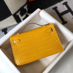 Hermes Kelly Pochette Bag In Yellow Embossed Crocodile Leather TDBS27081