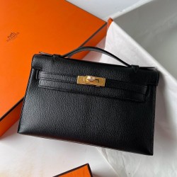 Hermes Kelly Pochette Handmade Bag In Black Chevre Mysore Leather  TDBS27084