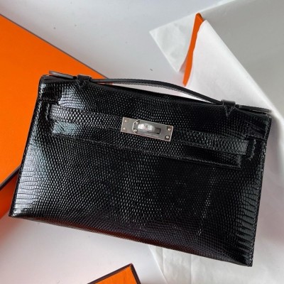 Hermes Kelly Pochette Handmade Bag In Black Lizard Skin  TDBS27085