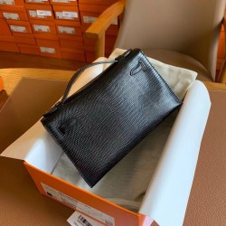 Hermes Kelly Pochette Handmade Bag In Black Lizard Skin  TDBS27085