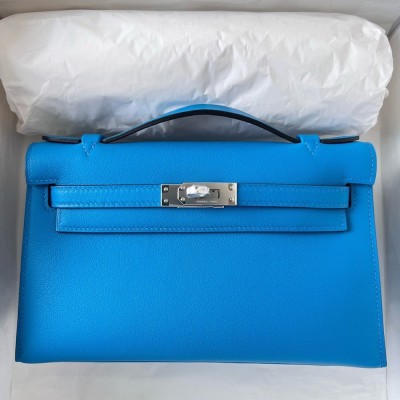 Hermes Kelly Pochette Handmade Bag In Blue Frida Swift Calfskin  TDBS27088