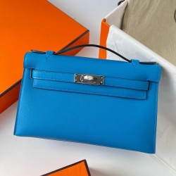 Hermes Kelly Pochette Handmade Bag In Blue Frida Swift Calfskin  TDBS27088