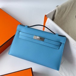 Hermes Kelly Pochette Handmade Bag In Blue du Nord Epsom Calfskin TDBS27086