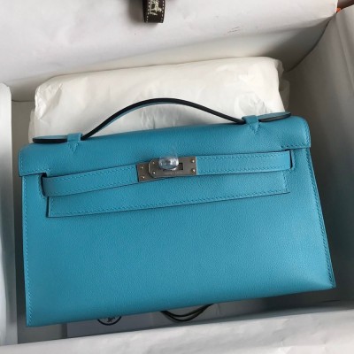 Hermes Kelly Pochette Handmade Bag In Blue du Nord Swift Calfskin  TDBS27087