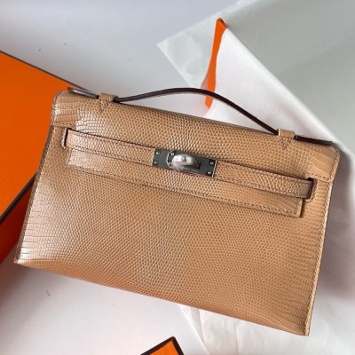 Hermes Kelly Pochette Handmade Bag In Chai Lizard Skin  TDBS27089