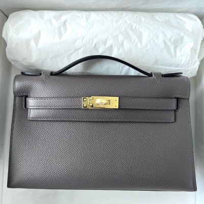 Hermes Kelly Pochette Handmade Bag In Etain Epsom Calfskin TDBS27093