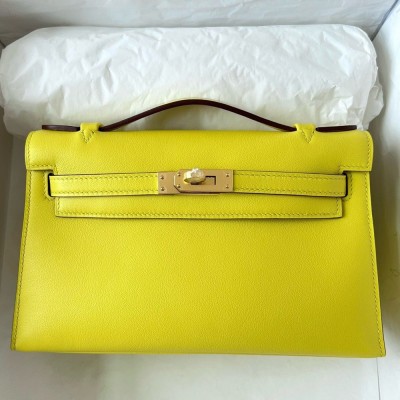 Hermes Kelly Pochette Handmade Bag In Lime Swift Calfskin TDBS27095