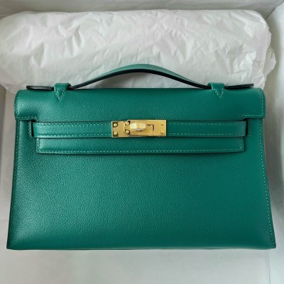 Hermes Kelly Pochette Handmade Bag In Malachite Swift Calfskin TDBS27096