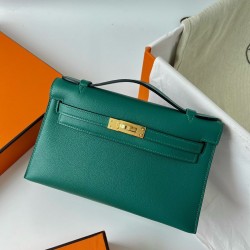 Hermes Kelly Pochette Handmade Bag In Malachite Swift Calfskin TDBS27096