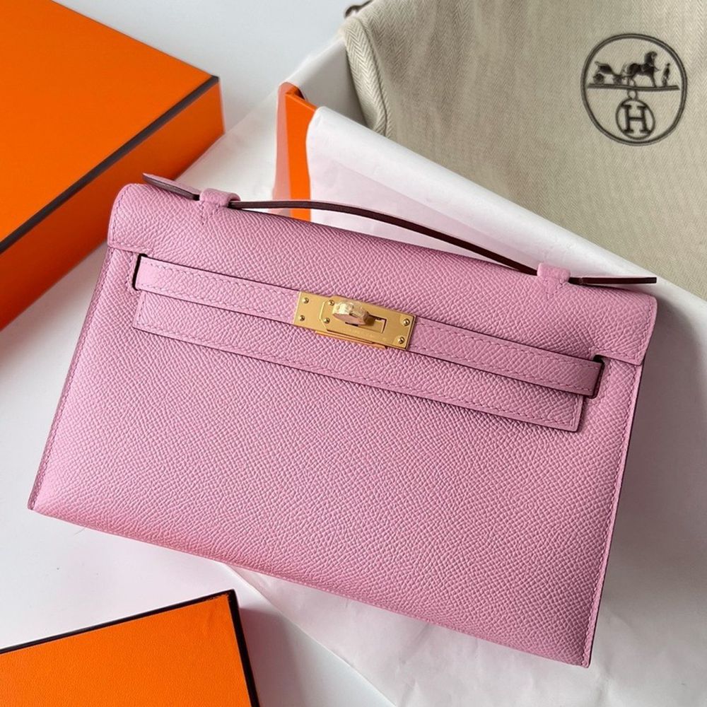 Hermes Kelly Pochette Handmade Bag In Mauve Sylvestre Epsom Calfskin TDBS27098