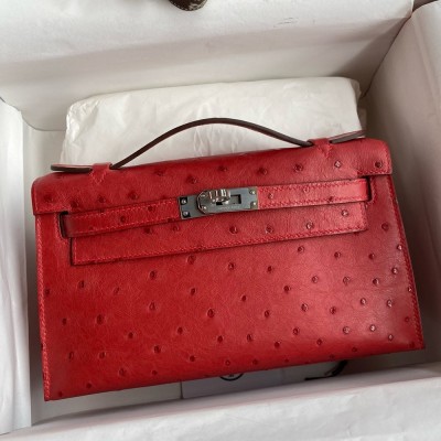 Hermes Kelly Pochette Handmade Bag In Red Ostrich Leather TDBS27101