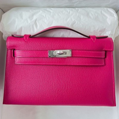 Hermes Kelly Pochette Handmade Bag In Rose Mexico Chevre Mysore Leather  TDBS27104