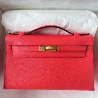 Hermes Kelly Pochette Handmade Bag In Rose Texas Epsom Calfskin  TDBS27106