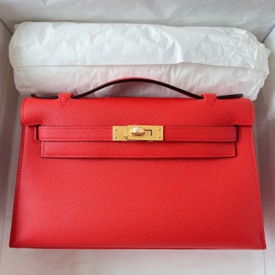 Hermes Kelly Pochette Handmade Bag In Rouge Piment Epsom Calfskin TDBS27108