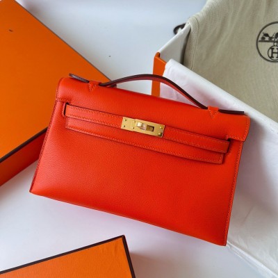 Hermes Kelly Pochette Handmade Bag In Rouge Piment Swift Calfskin TDBS27109