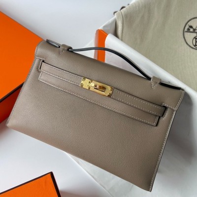 Hermes Kelly Pochette Handmade Bag In Taupe Swift Calfskin TDBS27110