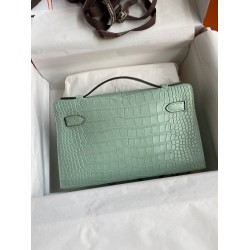 Hermes Kelly Pochette Handmade Bag In Vert D'eau Matte Alligator Leather TDBS27112