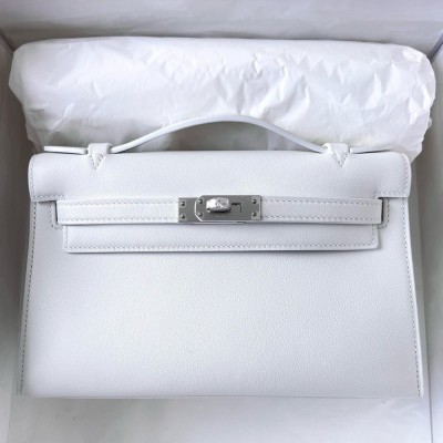 Hermes Kelly Pochette Handmade Bag In White Swift Calfskin  TDBS27116