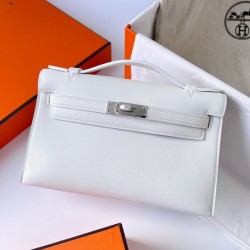 Hermes Kelly Pochette Handmade Bag In White Swift Calfskin  TDBS27116