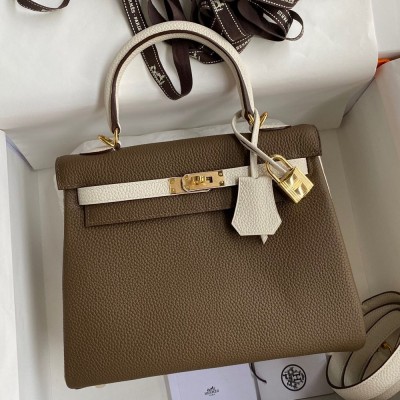 Hermes Kelly Retourne 25 Bicolor Bag in Taupe and Craie Clemence Calfskin TDBS27117