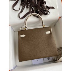 Hermes Kelly Retourne 25 Bicolor Bag in Taupe and Craie Clemence Calfskin TDBS27117