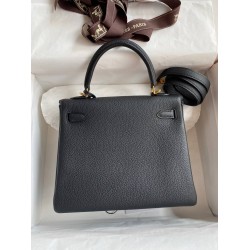 Hermes Kelly Retourne 25 Handmade Bag In Black Clemence Leather  TDBS27120