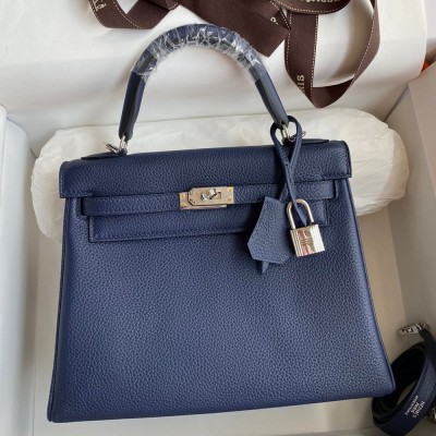 Hermes Kelly Retourne 25 Handmade Bag In Blue Saphir Clemence Leather TDBS27122