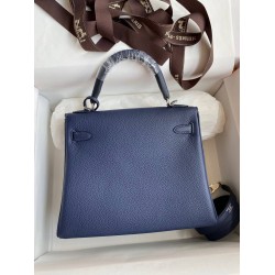 Hermes Kelly Retourne 25 Handmade Bag In Blue Saphir Clemence Leather TDBS27122