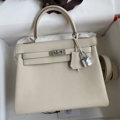 Hermes Kelly Retourne 25 Handmade Bag In Craie Clemence Leather TDBS27123