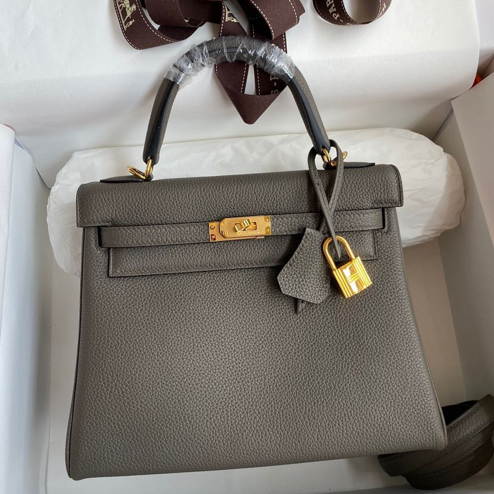 Hermes Kelly Retourne 25 Handmade Bag In Etain Clemence Leather TDBS27125