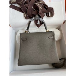 Hermes Kelly Retourne 25 Handmade Bag In Etain Clemence Leather TDBS27125