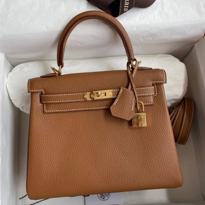 Hermes Kelly Retourne 25 Handmade Bag In Gold Clemence Leather TDBS27127