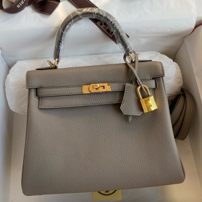 Hermes Kelly Retourne 25 Handmade Bag In Gris Meyer Clemence Leather TDBS27129