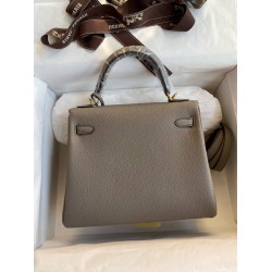 Hermes Kelly Retourne 25 Handmade Bag In Gris Meyer Clemence Leather TDBS27129