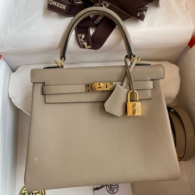 Hermes Kelly Retourne 25 Handmade Bag In Gris Tourterelle Clemence Leather TDBS27130