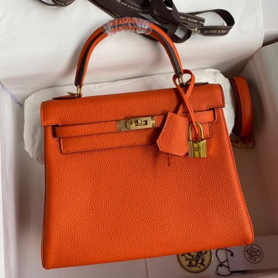 Hermes Kelly Retourne 25 Handmade Bag In Orange Clemence Leather TDBS27134