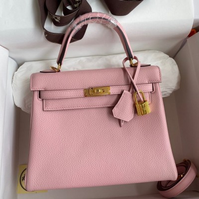 Hermes Kelly Retourne 25 Handmade Bag In Rose Sakura Clemence Leather TDBS27137